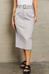 HYFVE Professional Poise Buckled Midi Skirt - Chic High Waist Women's Cargo Skirt